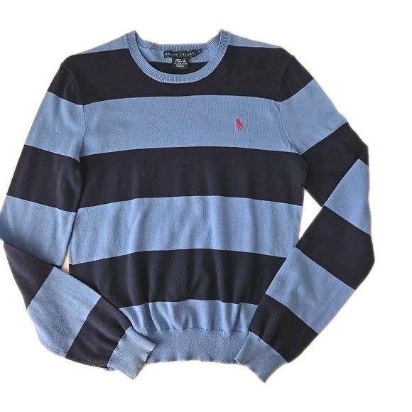 Ralph Lauren Sweaters - Ralph Lauren Sweater Womens L Preppy Blue Striped Pima Cotton Crew College Y2K